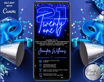 21st Birthday Party Digital Invitation, Neon Blue Glitter Drip, Adult Birthday Glow Party Evite, Editable Canva Template, Instant Download