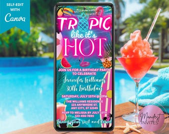 Digital Tropic Like It's Hot Birthday Pool Party Invitation, Neon Tropical Summer Beach Luau BBQ Party, Phone Evite, Editable Canva Template