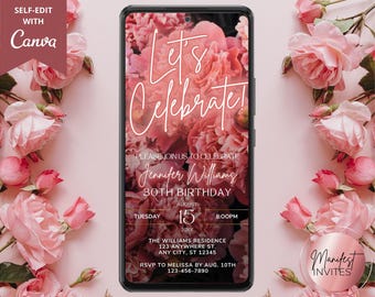 Digital Blush Pink Floral Birthday Party Invitation, Let's Celebrate, Electronic Phone Evite, Editable Template, Instant Download, BP74