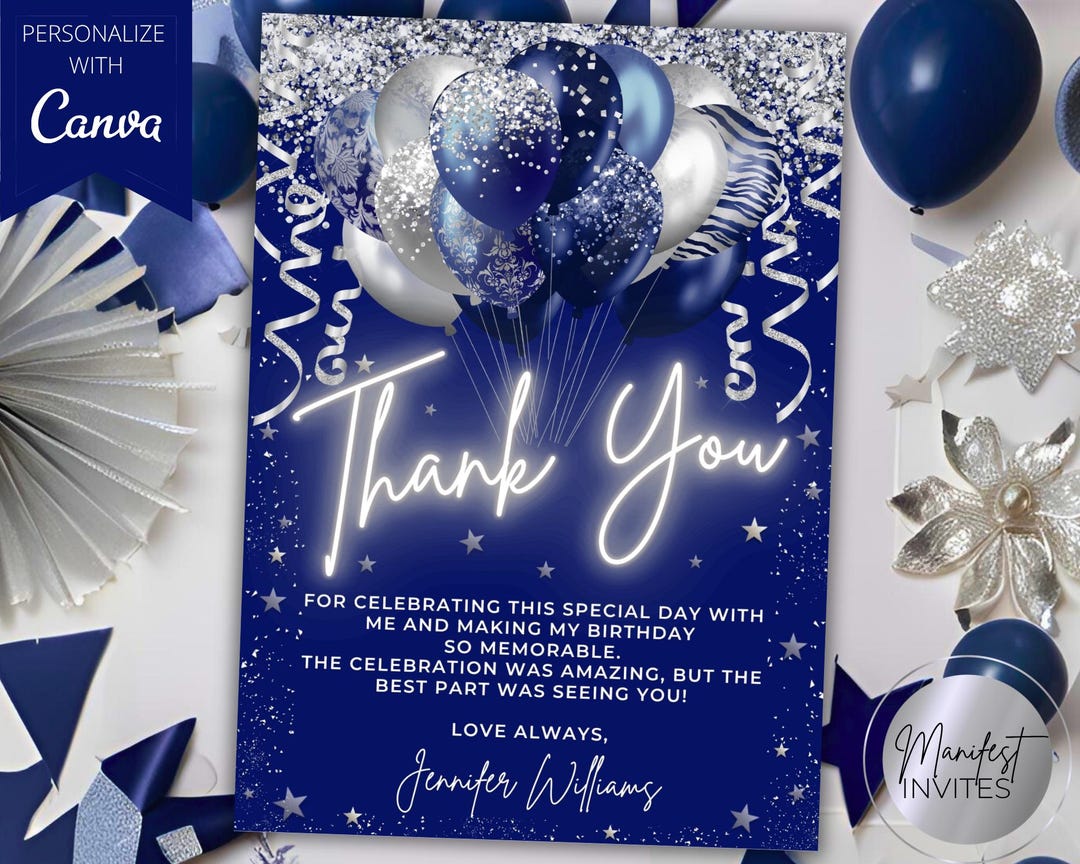 Editable Blue Silver Glitter Balloons Thank You Birthday Card Template ...