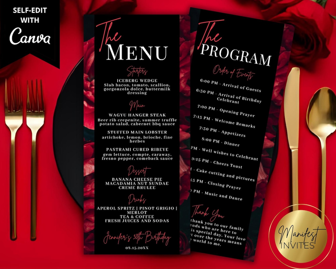 Editable Elegant Red Floral Roses Menu Program and Thank You Note Card ...