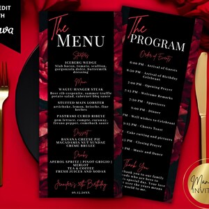 May include: A black and red wedding menu and program template with gold cutlery. The menu lists starters, main courses, desserts, and drinks. The program outlines the order of events. The text "SELF-EDIT WITH Canva" is in the upper left corner.