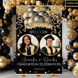 Editable Double Graduation Party Photo Welcome Sign Template, 2 Person, Black Gold Balloons, Printable Grad Party Decor, Instant Download