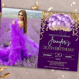 Editable Photo Purple Gold Glitter Balloons Birthday Party Invitation, Printable Card and Text Evite, Editable Template, Instant Download