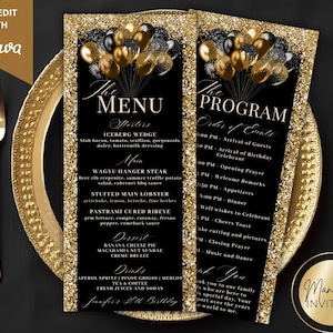 Puede incluir: Tarjetas de menú y programa de fiesta en negro y dorado. El menú enumera entrantes, platos principales, postres y bebidas. El programa describe el orden de los eventos. Las tarjetas tienen un borde dorado con purpurina y gráficos de globos.