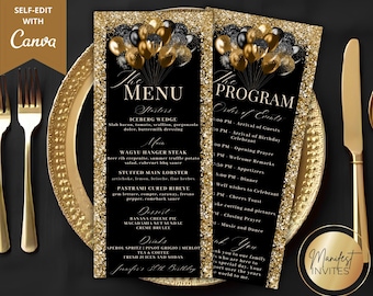 Könnte beinhalten: Schwarze und goldene Party-Menü- und Programm-Karten. Das Menü listet Vorspeisen, Hauptgerichte, Desserts und Getränke auf. Das Programm umreißt die Reihenfolge der Ereignisse. Die Karten haben einen goldenen Glitzerrahmen und Ballon-Grafiken.