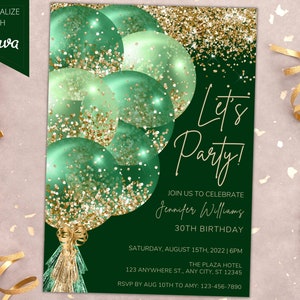 Printable Green Gold Glitter Balloons Birthday Party Invitation, Printable Birthday Invite, Any Age, Editable Template, Instant Download