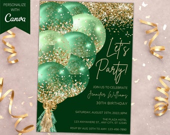 Printable Green Gold Glitter Balloons Birthday Party Invitation, Printable Birthday Invite, Any Age, Editable Template, Instant Download