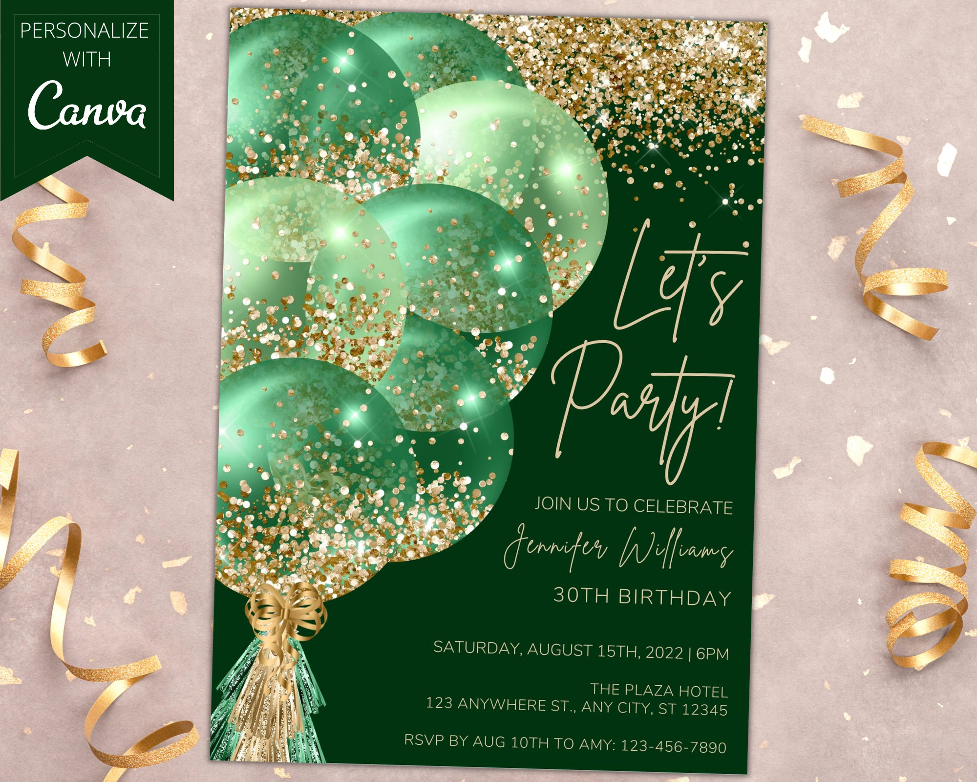 Printable Green Gold Glitter Balloons Birthday Party - Etsy