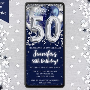 Digital 50th Birthday Party Navy Blue Silver Balloons Invitation, Electronic Phone Text Message Evite, Editable Template, Instant Download