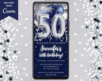 Digitale 50. Geburtstagsparty Marineblau Silber Ballons Einladung, elektronische Telefon Textnachricht Evite, bearbeitbare Vorlage, Sofortiger Download