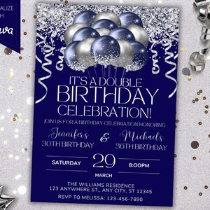 Modèle d'invitation modifiable de ballons bleus pailletés argentés de fête d'anniversaire commune, carte imprimable et Evite de téléphone, téléchargement immédiat