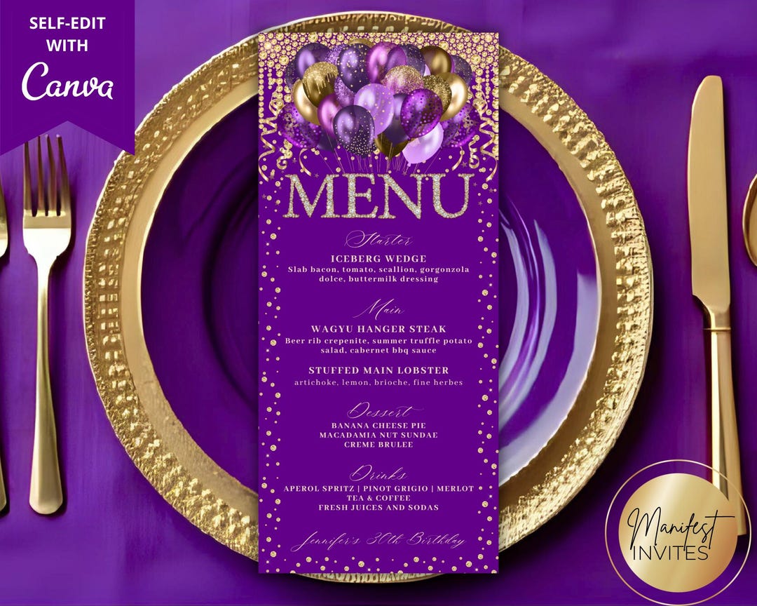 Editable Purple Gold Glitter Balloons Diamond Menu and Drink Card, Glam ...