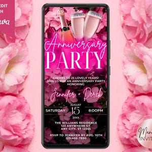 Digital Elegant Anniversary Party Invitation, Couple's Milestone Party, Pink Neon Flowers Champagne, Phone Evite, Instant Download, PF01