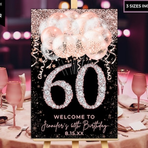 Imprimible 60.o oro rosa diamantes brillo globos signo de bienvenida, signo de fiesta de cumpleaños, signo de entrada, plantilla editable, descarga instantánea
