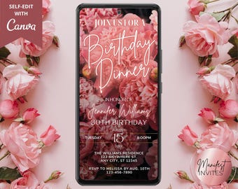 Digital Elegant Blush Pink Floral Birthday Dinner Party Invitation, For Her, Phone Evite, Editable Canva Template, Instant Download, BP74