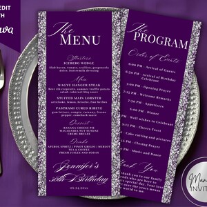 May include: A purple and silver menu and program set for a 30th birthday. The menu details starters, main courses, desserts, and drinks. The program card lists the order of events, including dinner and music.