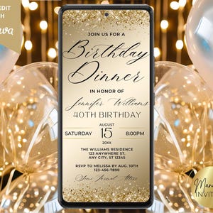 Digital Modern Elegant Birthday Dinner Gold Glitter Party Invitation, Glam Luxe, Phone Evite, Editable Canva Template, Instant Download