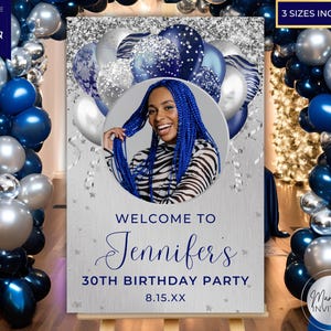 Editable Photo Blue Silver Balloons Party Welcome Sign Template, Graduation, Printable Birthday Decor, Canva Template, Instant Download