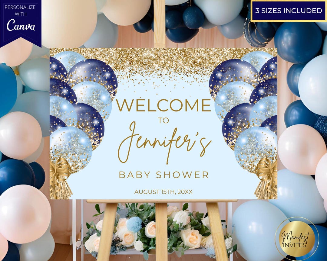 Editable Navy Blue Gold Glitter Balloons Boy Baby Shower Welcome Sign ...
