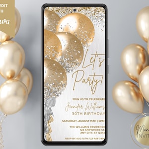 Faire-part de fête d'anniversaire numérique or argent ballons, invitation d'anniversaire électronique, modèle modifiable, texte de téléphone Eviter, téléchargement immédiat