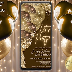 Digitale Let's Party brons gouden ballonnen verjaardagsuitnodiging, elektronische telefoon tekst e-mail Evite, bewerkbare sjabloon, Instant Download