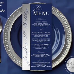 Editable Navy Blue Silver Menu and Drink Card, Elegant Birthday Dinner Party Menu, Modern Table Setting Decor, Printable Canva Template