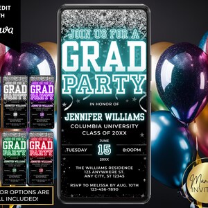 Digital Neon Graduation Party Invitation, Silver Glitter, High School College Grad Party, Text Evite, Editable Template, Instant Download