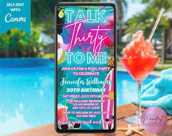 Digital Talk Thirty To Me 30th Birthday Pool Party Invitation, Neon Tropical Summer Beach BBQ Invite, Phone Evite, Editable Canva Template