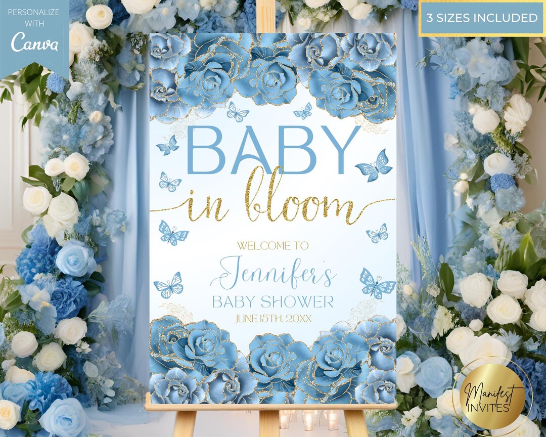 Editable Baby in Bloom Blue Gold Floral Spring Baby Shower Welcome Sign ...