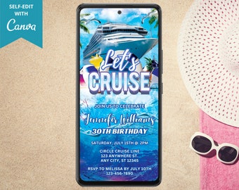 Digital Cruise Birthday Party Invitation, Electronic Phone Text Message Evite, Tropical Boat Party, Editable Template, Instant Download