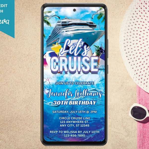 Digital Cruise Birthday Party Invitation, Electronic Phone Text Message Evite, Tropical Boat Party, Editable Template, Instant Download