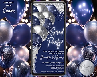May include: A blue and silver graduation party invitation with silver balloons and glitter. The text reads "Grad Party!" and includes the name "Jennifer Williams", the date "Saturday, June 15th | 6PM", the location "The Williams Residence, 123 Anywhere St., Any City, ST 12345", and the RSVP information "RSVP by June 10th: 123-456-7890".