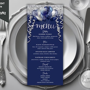 Bewerkbare marineblauw zilver glitter ballonnen verjaardag diner menukaart, afdrukbare evenement menu drankje kaart, bewerkbare sjabloon, Instant Download