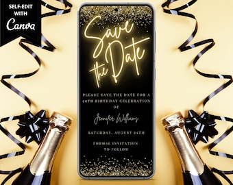 Digital Black Gold Neon Save the Date Invitation, Electronic Birthday Save the Date, Editable Template, Phone Text Evite, Instant Download