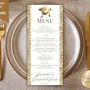 Plantilla de menú de cena de graduación moderna editable en oro blanco, plantilla de menú de cena de evento personalizada para hacer tú mismo, plantilla de Canva, descarga instantánea