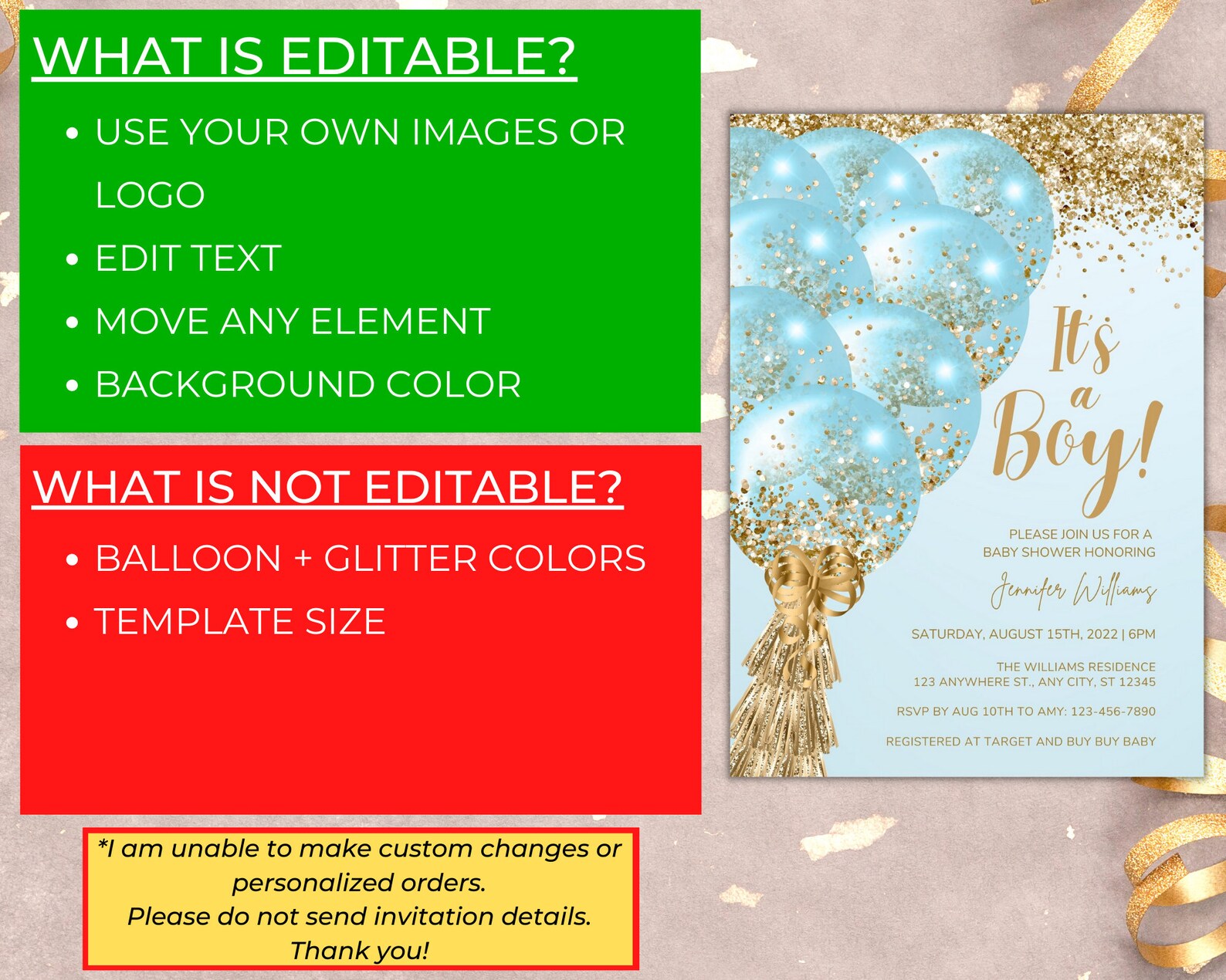Editable Blue Gold Glitter Balloons Boy Baby Shower - Etsy