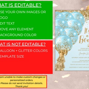 Editable Blue Gold Glitter Balloons Boy Baby Shower Invitation, It's a ...