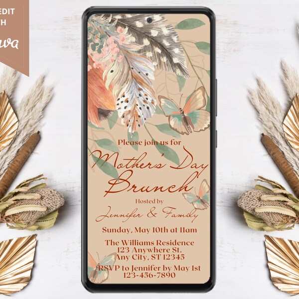 Electronic Boho Bohemian Mother's Day Brunch Invitation, Feathers Butterflies, Digital Phone Text Evite, Editable Template, Instant Download