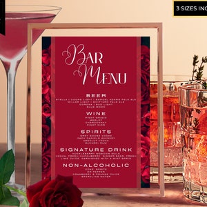 Plantilla editable de menú de bar con rosas rojas y flores, letrero de bar con cócteles y bebidas exclusivas, letrero de mesa, boda, cumpleaños, descarga instantánea, DR90