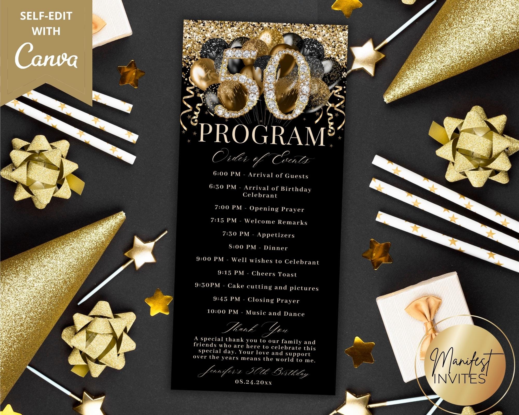 50th Birthday Program With Thank You Note, Glam Diamond Black Gold ...