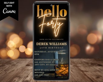 Digital Hello Forty Men's 40th Birthday Party Whiskey Invitation, Electronic Phone Text Evite, Editable Template, Instant Download, WM42