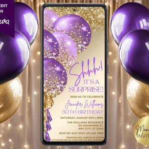 Digital Elegant Surprise Birthday Party Invitation, Purple Gold Glam Glitter Balloons, Phone Text Evite, Editable Template, Instant Download