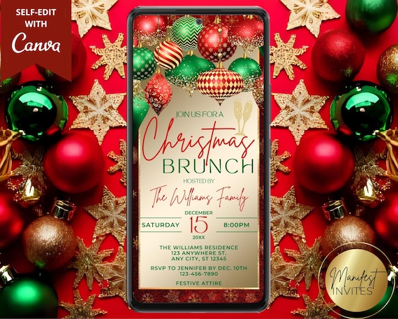 Digital Elegant Christmas Holiday Brunch Invitation, Festive Red Green Ornaments, Phone Evite, Editable Canva Template, Instant Download