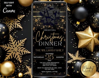 Digital Elegant Schwarz Gold Bogen Weihnachten Dinner Party Einladung, klassische Urlaubsparty, Telefon Evite, bearbeitbare Vorlage, Sofort Download