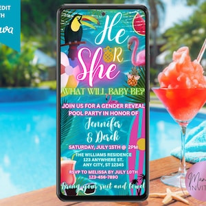 Digital He or She Gender Reveal Tropical Pool Party Invitation, Summer Couples Shower, Phone Evite, Editable Template, Instant Download