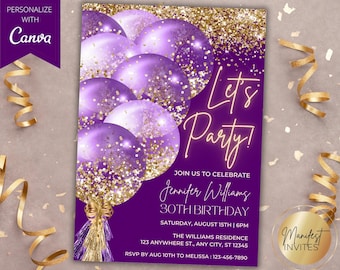 Editable Let's Party Purple Gold Glitter Balloons Glam Birthday Party Invitation, Printable Birthday Card, Canva Template, Instant Download