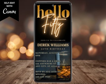 Digital Hello Fifty Men's 50th Birthday Party Whisky Invitación, Texto de teléfono electrónico Evite, Plantilla editable, Descarga instantánea, WM42
