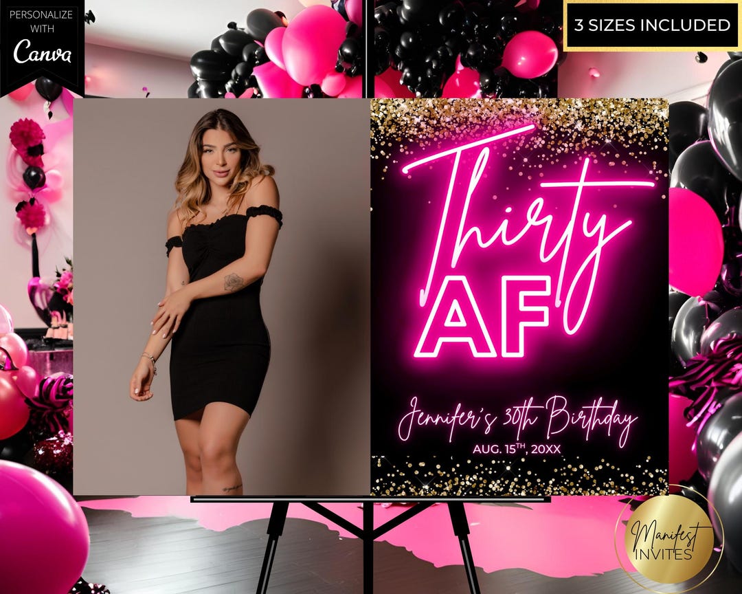 Editable Glam Thirty AF 30th Birthday Photo Welcome Sign, Pink Neon ...