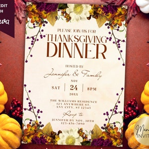 Editable Rustic Floral Thanksgiving Gathering Fall Dinner Party Invitation, Printable and Digital Evite, Editable Template, Instant Download